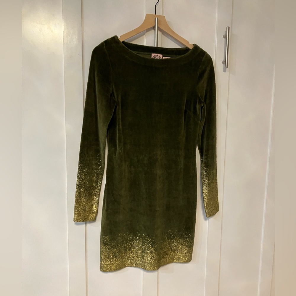 Juicy Couture olive green velvet mini dress with gold glitter